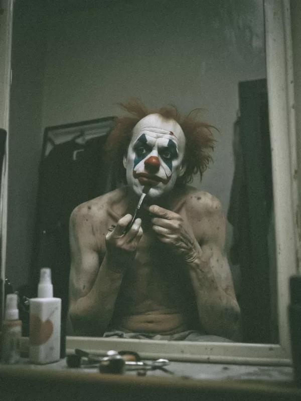 Gritty, high-contrast portrait of a shirtless man with clown face paint holding a makeup brush, reflected in a vintage mirror with film grain.