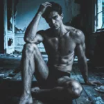 Muscular man sitting on a wooden floor inside a derelict building, dramatic cool-toned lighting, fine art photography.